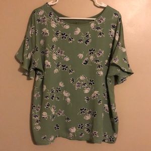 EUC Loft ruffle sleeve mixed media blouse Sz XL